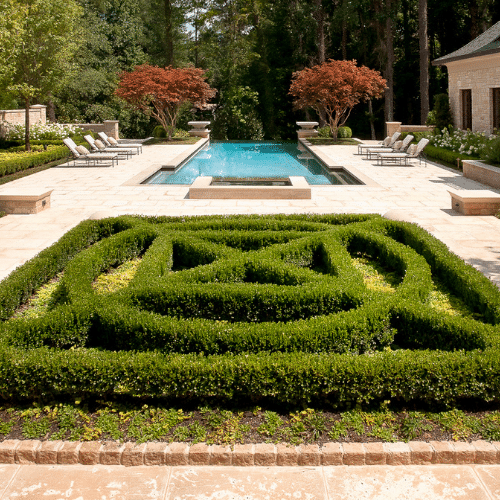 View of high-end pool area with intricate design cut into low hedges